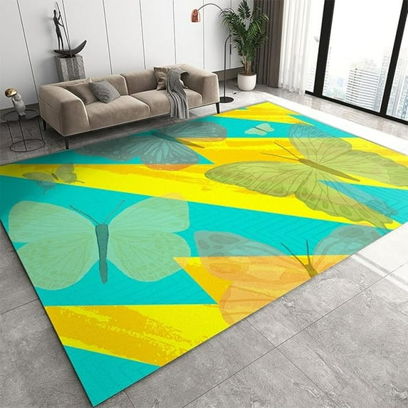 Yellow And Blue Geometric Art Area Rugs For Living Room, Watercolor Butterfly Girl Bedroom Carpet, Soft And Comfortable Low-Pile Non-Slip Carpet For Yoga Studio Apartment 5x7ft