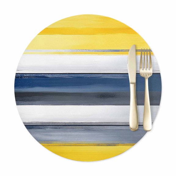 Yellow Blue Geometric Faux Leather Round Placemats Set of 1 Lines Brush Washable Waterproof PU Dining Place Mats Heat Insulating Table Mat for Kitchen 12 Inch