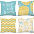 thumbnail image 1 of Yellow Blue Geometric Flower Pillow Covers 16x16 Inch Dahlia Floral Leaf Home Sweet Home Decor Pillow Cases Standard Size Set of 4 Summer Modern Throw Pillow Cotton Cushion Cover for Couch, 1 of 6