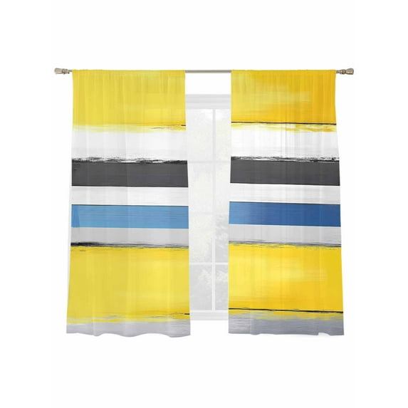 Yellow Blue Gradient Sheer Curtains for Living Room Bedroom, Light-filtering Sheer Curtain, Geometric Brush Rod Pocket Voile Window Treatment Drapes, 52’’Wx72’’L, 2 Panels Set
