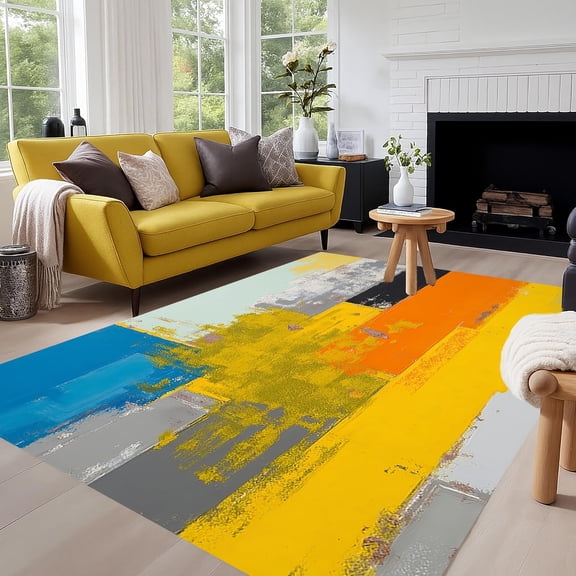 Yellow Blue Gray Ombre Area Rugs, Tie Dye Abstract Design Carpet, Washable Non Slip Low Pile Rug for Living Room Bedroom Classroom Entryway Decor Mat 2x3ft