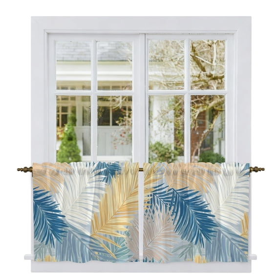 Yellow Blue Grey Palm Leaves Tier Curtains 36 Inch Length, Summer Tropical Plants Botanical Cafe Curtains for Bathroom Over Sink, Small Kitchen Curtain Light Filtering Drapes 2 Panels 27.5"Wx36"L