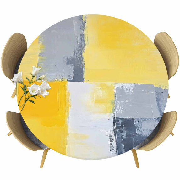 Yellow Blue Grey Round Tablecloth 36-44 Inch Round Fitted Table Cloth with Elastic Edge, Abstract Modern Art Color Block Waterproof Table Cover Protector for Outdoor Picnic Party Dining