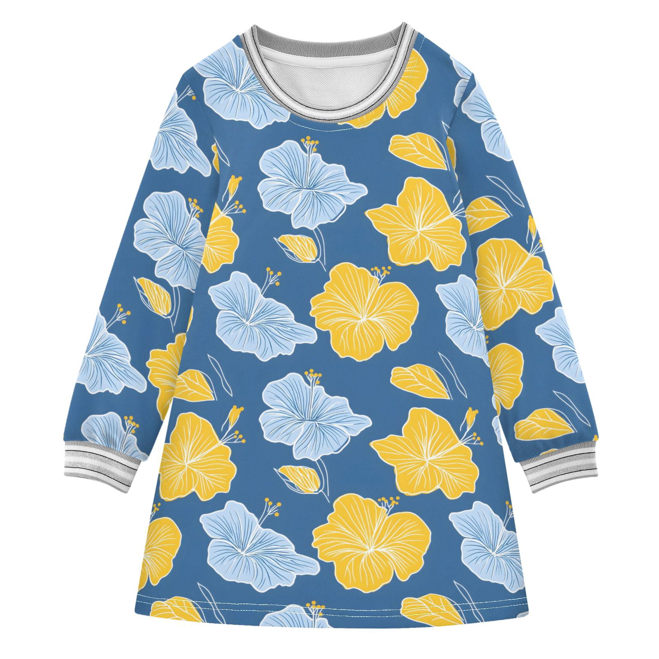Yellow Blue Hibiscus Pattern Girls'long-sleeved dress Thickened A-dress ...