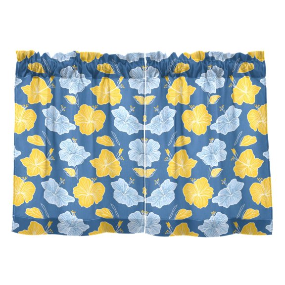Yellow Blue Hibiscus Pattern Tier Curtains Tier Kitchen Living Room Bedroom Balcony 2 Panels 27x36 Inch