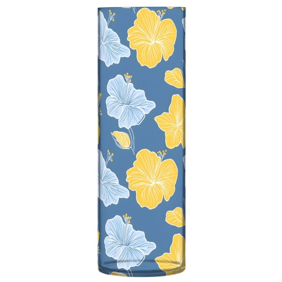 Yellow Blue Hibiscus Pattern Vase Flower Vase Clear Unbreakable Plastic Tall Decorative 11.8in