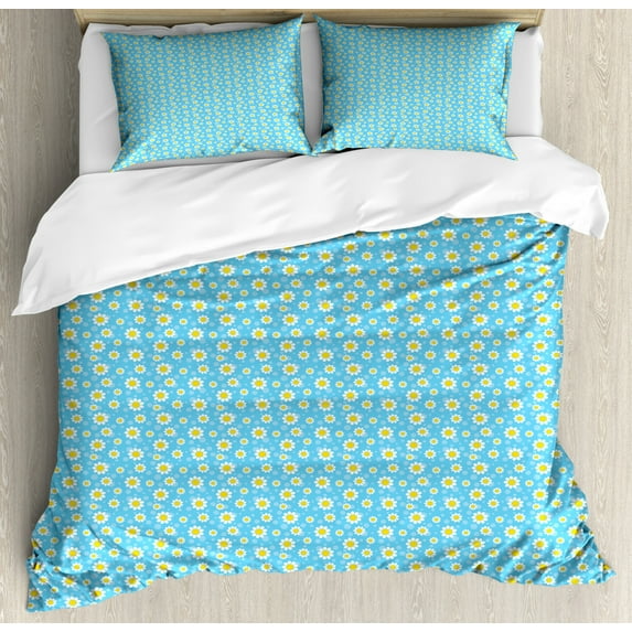 Yellow and Blue King Size Duvet Cover Set, Cartoon Chamomiles Blooms and Dots Fresh Spring for Kids and Babies, Decorative 3 Piece Bedding Set with 2 Pillow Shams, Blue Yellow White, by Ambesonne