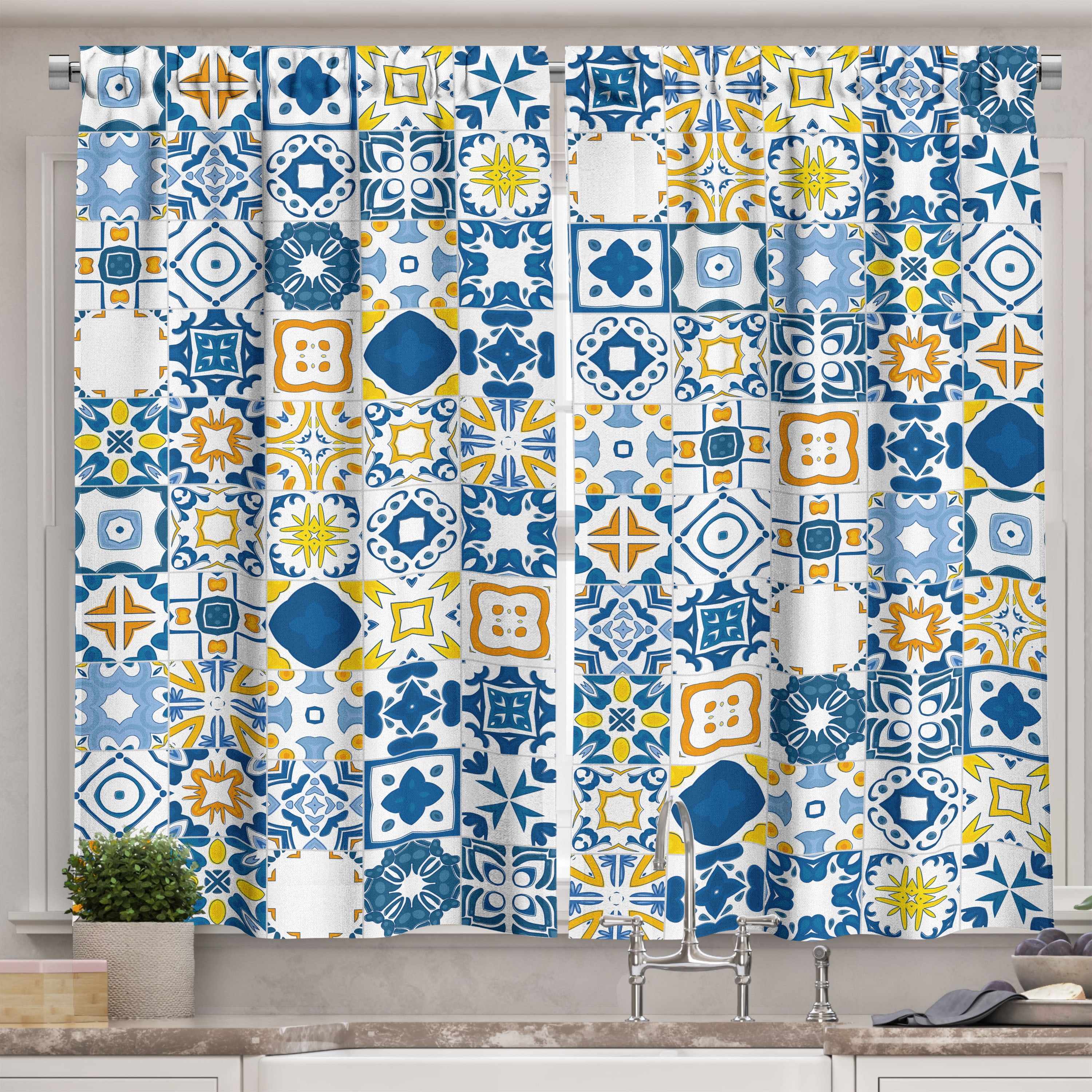 Yellow and Blue Kitchen Curtains, Mosaic Portuguese Azulejo