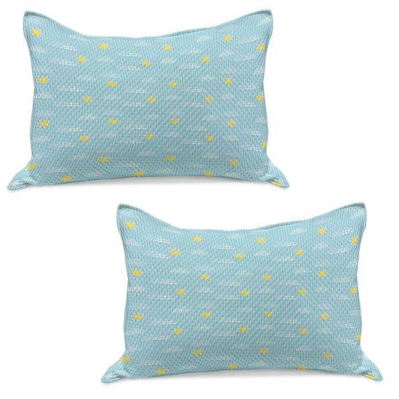 Yellow and Blue Knitted Quilt Pillowcover Set of 2, Clouds Sun Pattern with Vertical Stripes Dots Playroom Design, Standard Queen Pillow Sham Bedroom, 30" x 20", Pale Blue Yellow, by Ambesonne
