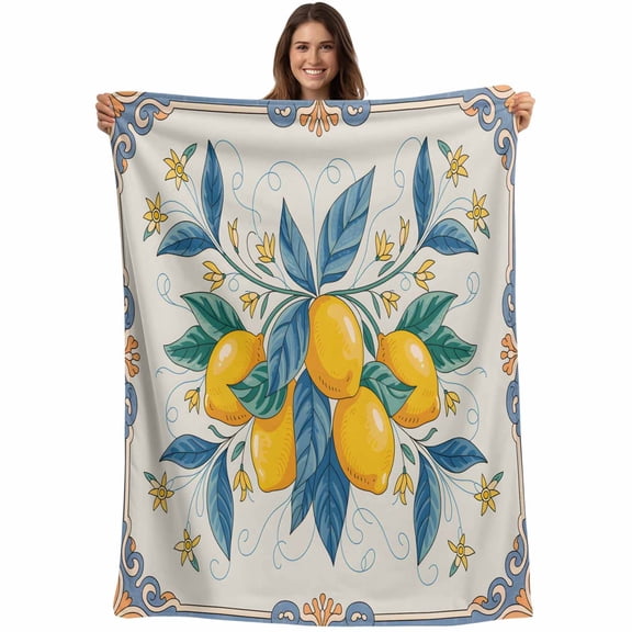 Yellow Blue Lemon Blanket Soft Cozy Warm Throw Blanket for Couch, Plush Fuzzy Flannel Fleece Blankets for Sofa, Summer Botanical Farmhouse Bed Blankets Lightweight Gifts for Women, 50"x60"