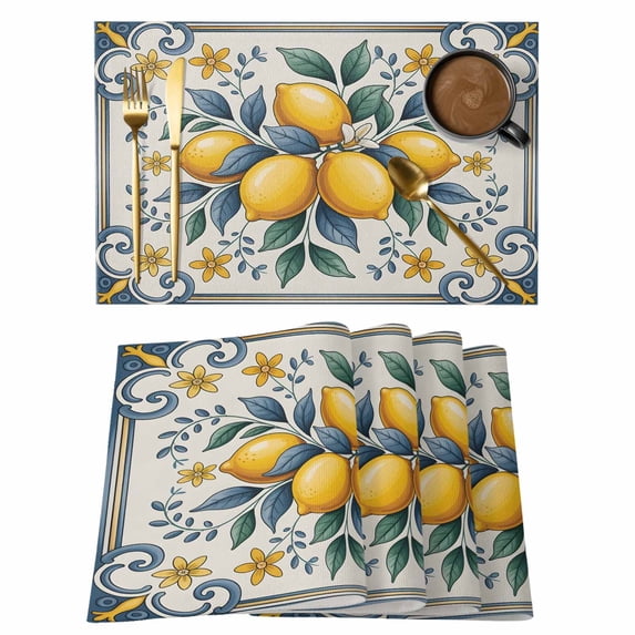 Yellow Blue Lemon Placemats Set of 6, Summer Botanical Watercolor Placemats for Dining Table, Place Mats for Kitchen Tabletop, Waterproof Wipeable Dining Table Mats Set