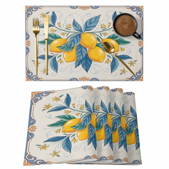 Yellow Blue Lemon Placemats Set of 8, Summer Botanical Farmhouse Placemats for Dining Table, Place Mats for Kitchen Tabletop, Waterproof Wipeable Dining Table Mats Set