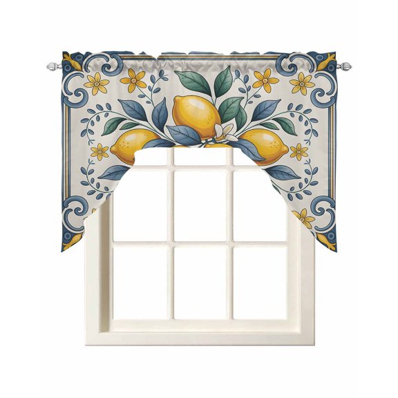 Yellow Blue Lemon Swag Valances for Windows, Small Curtains Drapes, Summer Botanical Watercolor Kitchen Window Curtains Over Sink Rod Pocket Window Treatment Valance for Bedroom/Bathroom 56"x36"
