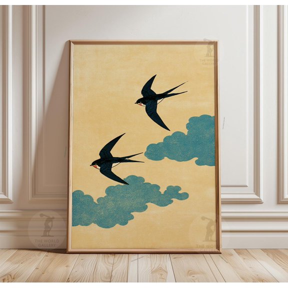Yellow Blue Minimalist Bird Artwork Two Swallows Flying Clouds, Unframed Poster