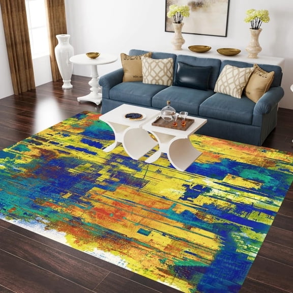 Yellow Blue Modern Distressed Abstract Washable Fluffy Area Rugs Vibrant Colorful Aesthetic Carpet Under Dining Coffee Table Arti Rug For Livingroom Bedroom Office Runners 3x4ft