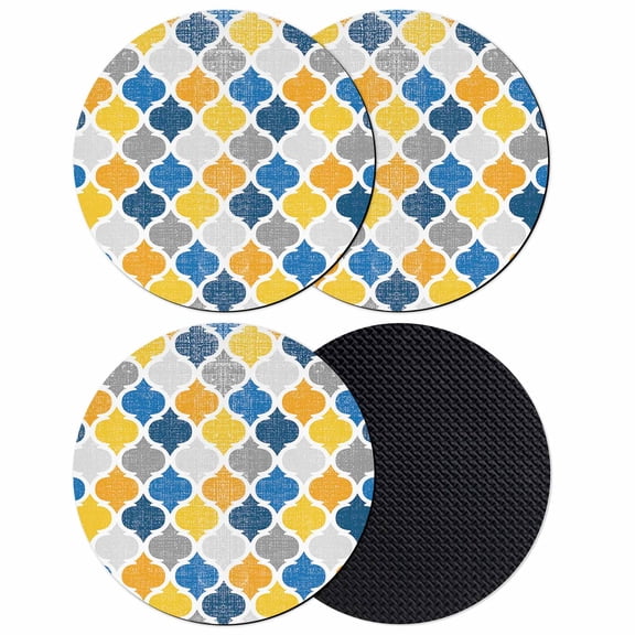 Yellow Blue Morocco Pattern Coasters Set of 4, Modern Moroccan Geometric Absorbent Coasters for Drinks, Coaster for Bar Office Dining Coffee Table Accessories Decor, Non Slip Round Desk Coaster