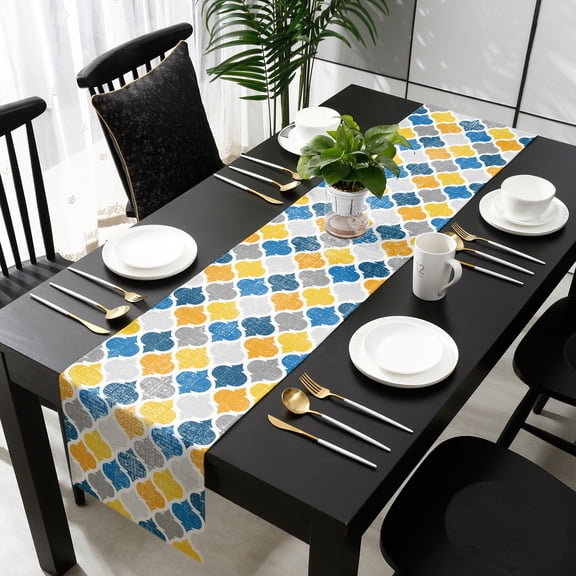 Yellow Blue Morocco Pattern Cotton Linen Table Runner 18 x 72 inch Modern Moroccan Geometric Non-slip Rectangular Dining Table Decor for Wedding Party Holiday Dinner