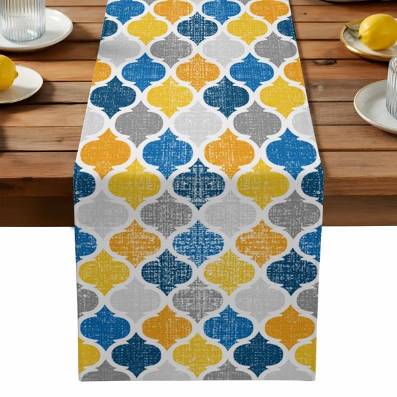 Yellow Blue Morocco Pattern Cotton Linen Table Runner for Dining Kitchen, Modern Moroccan Geometric Wedding Outdoor Party Tablerunners Decoration, Dresser Scarf Coffee Tablecloth Runners 13x36 Inches