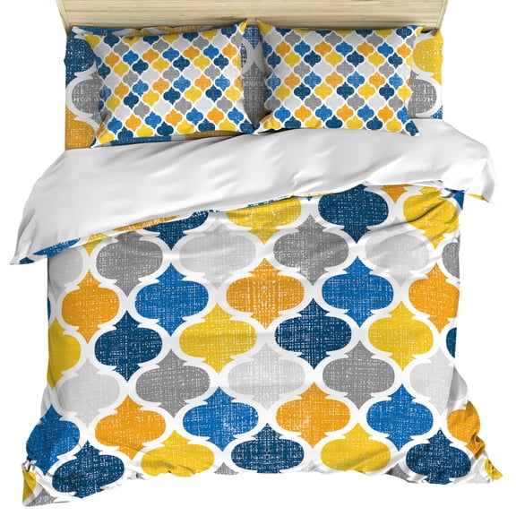 Yellow Blue Morocco Pattern Duvet Cover Set, Modern Moroccan Geometric Soft Duvet Cover Full Size Bedding Set 4 Pieces, 1 Quiltcover and 2 Pillowcases with Zipper, 1 Bed Sheet for All Seasons