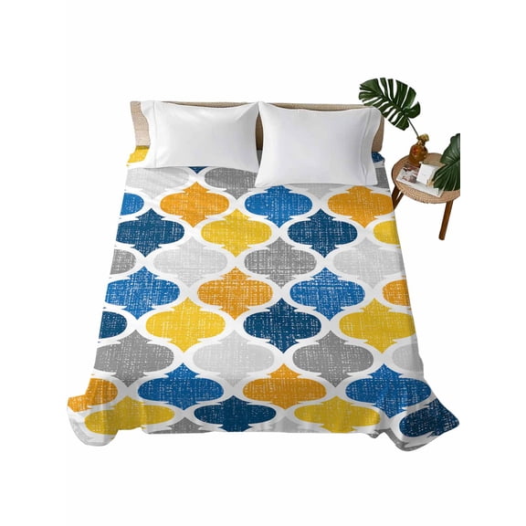 Yellow Blue Morocco Pattern Flat Sheet Only Twin Size, Soft Breathable Bed Top Sheets for Mattress, Modern Moroccan Geometric Luxury Bedding Flat Sheets for Home Hotel Bedroom Bed Protection