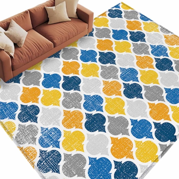 Yellow Blue Morocco Pattern Large Area Rugs for Bedroom Living Room, Soft Non Slip Carpet Bedside Rug, Modern Moroccan Geometric Rectangular Floor Cover Kitchen Accent Rug 5'x8' for Office