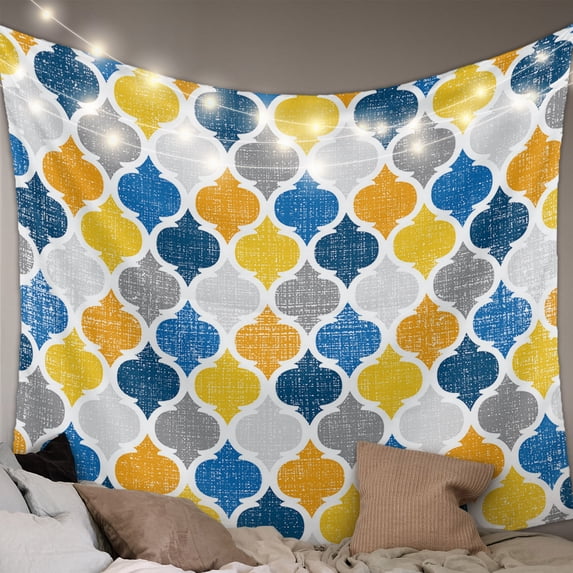 Yellow Blue Morocco Pattern Large Tapestry for Bedroom Wall Hanging Tapestry,Modern Moroccan Geometric Ceiling Backdrop Tapestries Poster Blanket Wall Decor for Teens Room Living Room Dorm 86" x 104"