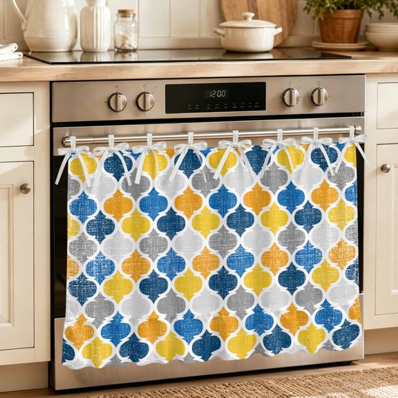 Yellow Blue Morocco Pattern Oven Curtain with Tie Top,Oven Skirt Curtain for Kitchen,Modern Moroccan Geometric Under OvenCover Panel for Dust & Grease,Apartment RV Cabinet Curtains 27''x20''