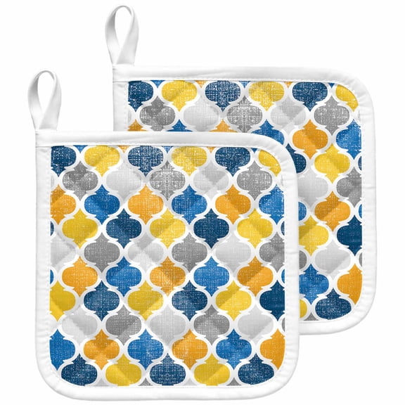 Yellow Blue Morocco Pattern Pot Holders for Kitchen Heatproof Potholder, 2 Pack Modern Moroccan Geometric Hot Pads Multipurpose Oven Pads Cloth Potholders Trivet for Cooking and Baking