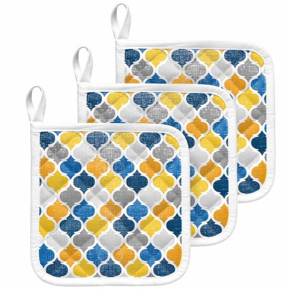 Yellow Blue Morocco Pattern Pot Holders for Kitchen Heatproof Potholder, 3 Pack Modern Moroccan Geometric Hot Pads Multipurpose Oven Pads Cloth Potholders Trivet for Cooking Baking