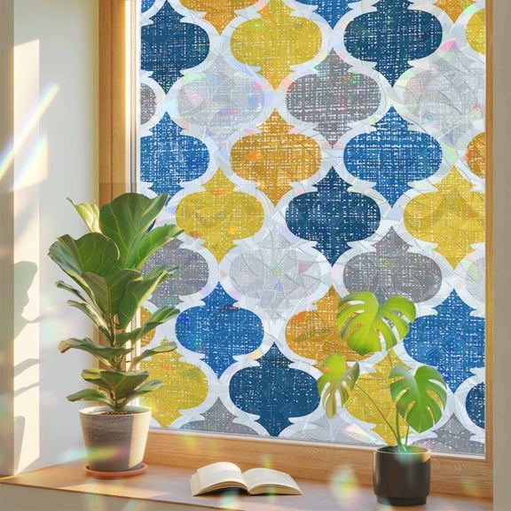 Yellow Blue Morocco Pattern Privacy Window Film, Decorative Stained Glass Window Film, Modern Moroccan Geometric Resuable Rainbow Static Cling for Home Bathroom Living Room Glass Door 17.7"x39.3"
