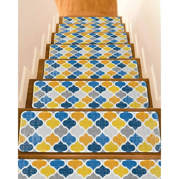 Yellow Blue Morocco Pattern Stair Treads for Wooden Steps Indoor Runner Rug Carpet, Modern Moroccan Geometric 4 Pieces Peel and Stick Staircase Step Treads Covers Washable Throw Door Mats, 30"x8"