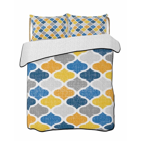 Yellow Blue Morocco Pattern Summer Quilt Set Twin Size,Soft Microfiber Quilted Bedding Set with 2 Pillow Shams,Modern Moroccan Geometric Lightweight All Season Bedspread Coverlet for Bedroom 68"x86"