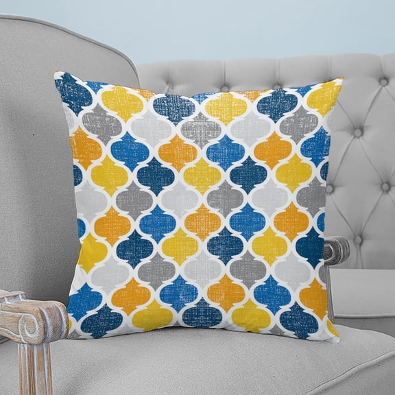 Yellow Blue Morocco Pattern Throw Pillow Covers, Soft Pillowcases with Invisible Zipper, Modern Moroccan Geometric Decorative Square Pillow Cushion Covers for Living Room Couch Sofa Bed 16x16 Inches