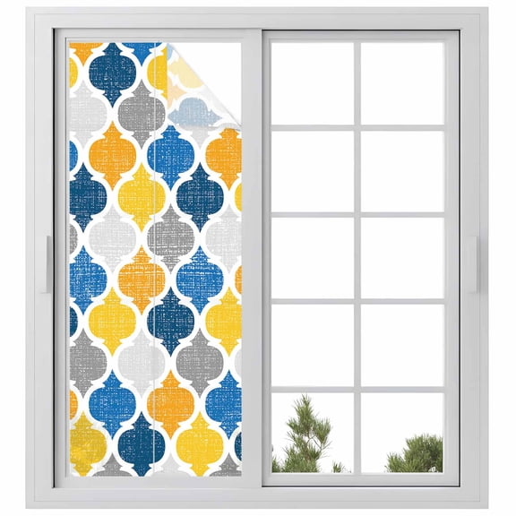 Yellow Blue Morocco Pattern Window Privacy Film, Modern Moroccan Geometric Static Cling UV Sun Blocking Heat Control Window Tint Day and Night, Non-Adhesive One Way Windows Privacy Cover 23.6''x59''