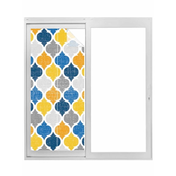 Yellow Blue Morocco Pattern Window Privacy Film, Modern Moroccan Geometric Static Cling UV Sun Blocking Tint Film Heat Control Windows Films for Bedroom Bathroom, Window Stickers 23.6"x59"