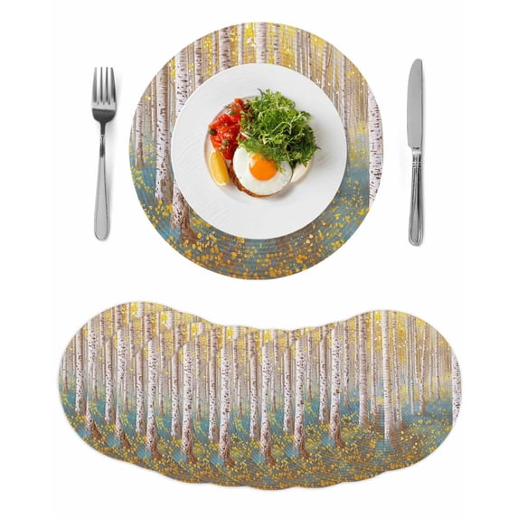Yellow Blue Oil Painting Round 13 Inch Placemats Set of 8, Contemporary Abstract Art HeatResistant Non Slip Place Mats for Dining Table, Wipeable Braided Kitchen Table Mats for Housewarming