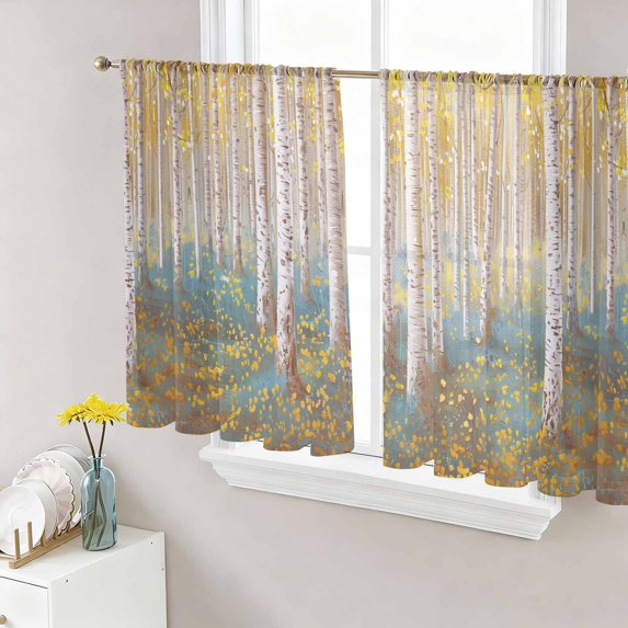 Yellow Blue Oil Painting Semi Sheer Curtains 54 Inch Length 2 Panels Set, Contemporary Abstract Art Sheer Kitchen Curtain Privacy Voile Window Curtain for Living Room Bedroom Rod Pocket Drapes