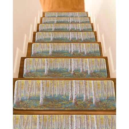 Yellow Blue Oil Painting Stair Treads for Wooden Steps Indoor Runner Rug Carpet, Contemporary Abstract Art 15 Pieces Peel and Stick Staircase Step Treads Covers Washable Throw Door Mats, 30"x8"