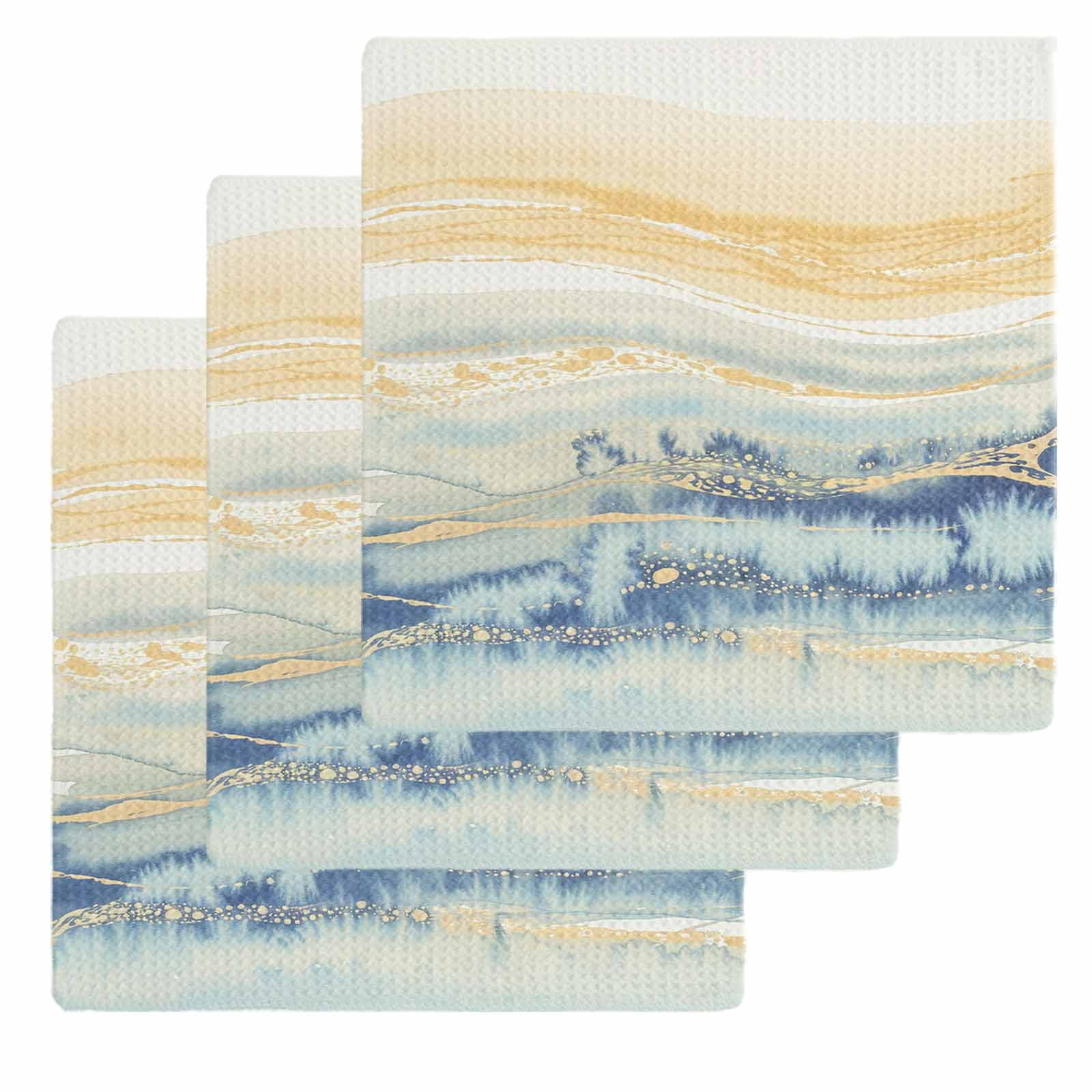 Yellow Blue Ombre Kitchen Dish Towels for Drying Dishes Set of 3, Abstract Modern Art Fluid Striped Waffle Weave Microfiber Hand Tea Bathroom Towels Quick Dry & Absorbent Towel 12x12