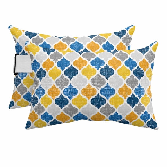 Yellow Blue Outdoor Chaise Lounge Pillows Moroccan Trellis Retro Abstract Geometric Lumbar Pillows with Insert Adjustable Elastic Strap Headrest Pillow for Recliner Patio Chair 2 Pack 11x16 Inch