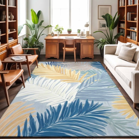 Yellow Blue Palm Leaves Washable Area Rug 9 x 12 ft Summer Tropical Botanical Coastal, Soft Non Slip Rugs Stain Repellent Indoor Felt Carpet for Living Dining Room Bedroom Home Office
