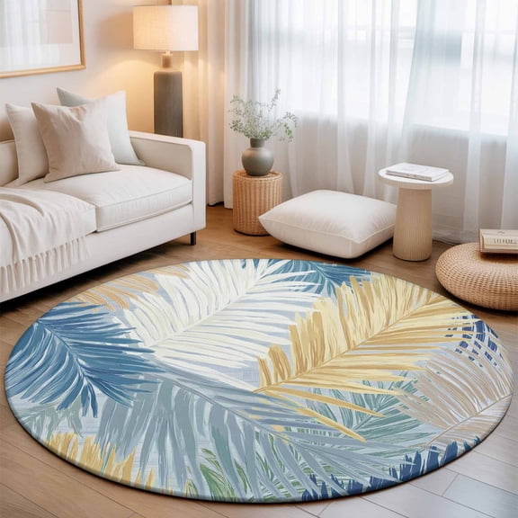 Yellow Blue Palm Leaves Washable Round Area Rug 3 ft, Summer Tropical Botanical Coastal, Soft Non Slip Rugs Stain Repellent Indoor Felt Carpet for Living Dining Room Bedroom Home Office