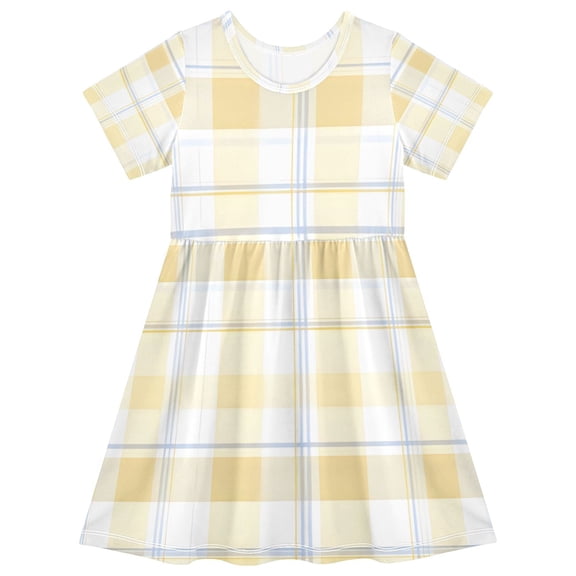 Yellow Blue Pattern Girls Short Sleeve Dress A Line Sun Protection Breathable Comfort Sundress 2T