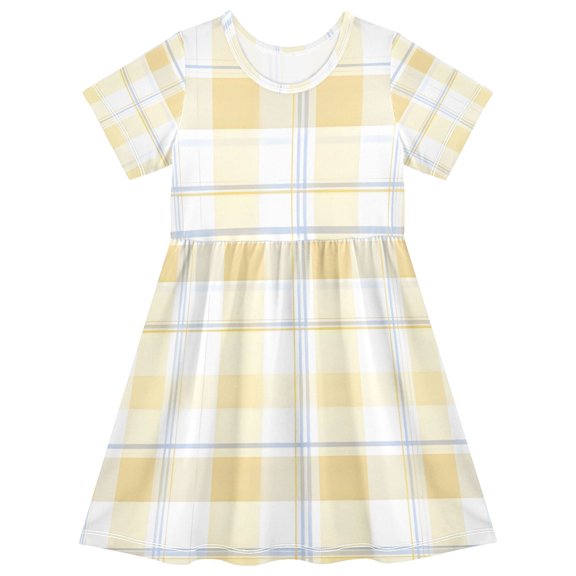 Yellow Blue Pattern Girls Short Sleeve Dress A Line Sun Protection Breathable Comfort Sundress 3T
