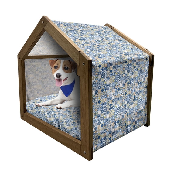 Yellow and Blue Pet House, Mosaic Portuguese Azulejo Mediterranean Effect, Outdoor & Indoor Portable Dog Kennel with Pillow and Cover, 5 Sizes, Violet Blue Mustard, by Ambesonne