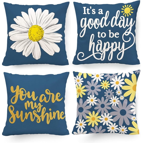 Yellow and Blue Pillow Covers 18 x 18 Decorative Navy Blue Throw Pillow Cover Set of 4 for Couch Living Room Sofa Patio Outdoor Yellow Sunflower Daisy You are My Sunshine Quotes Home Decor