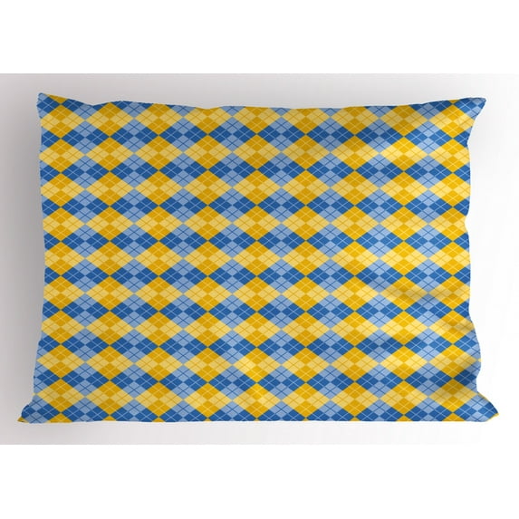 Yellow and Blue Pillow Sham Classical Argyle Pattern with Grid Rhombuses Bicolor Pattern, Decorative Standard Size Printed Pillowcase, 26 X 20 Inches, Blue Pale Blue Yellow, by Ambesonne