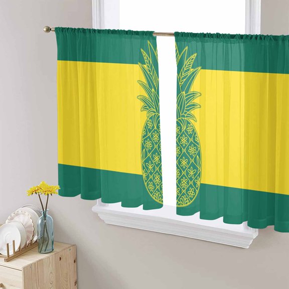 Yellow Blue Pineapple Semi Sheer Window Curtains 45 Inches Long, Summer Beach Coastal Modern Art Rod Pocket Voile Silky Chiffon Curtain Treatment Drapes for Kitchen, Living Room, 52"x45", 2 Panels