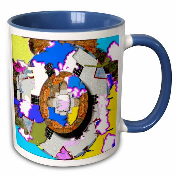 3drose, Yellow, Blue, Pink and Mint Paint on a Building with Windows Layered and Swirled, 11oz Two-tone Blue Mug