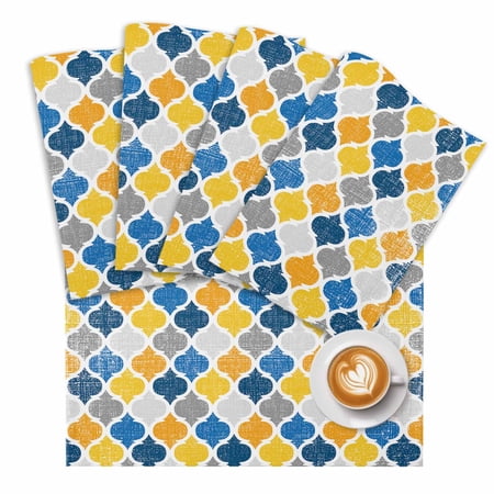 Yellow Blue Placemats Set of 4 Moroccan Trellis Retro Abstract Geometric Place Mats Washable Table Mats for Party Kitchen Dining Decoration, 13 X 19 Inch